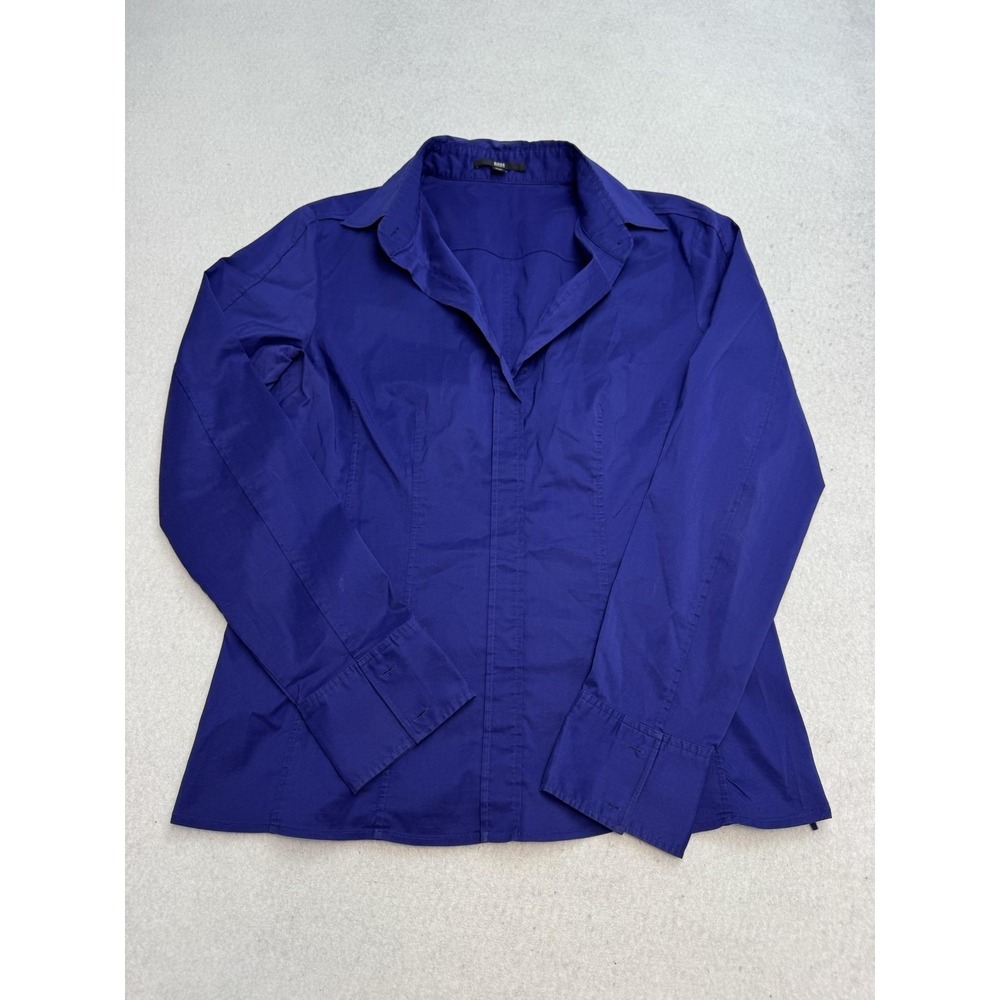 Hugo Boss Shirt Women's 10 Blue Cotton Blend Collared Long Sleeve Tailored Zip